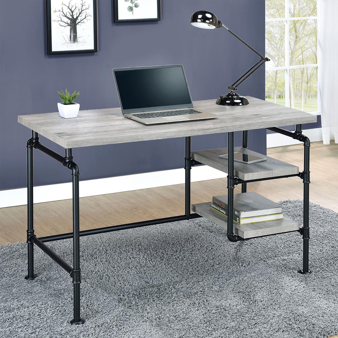 Grey Driftwood and Black 2 Shelf Writing Desk