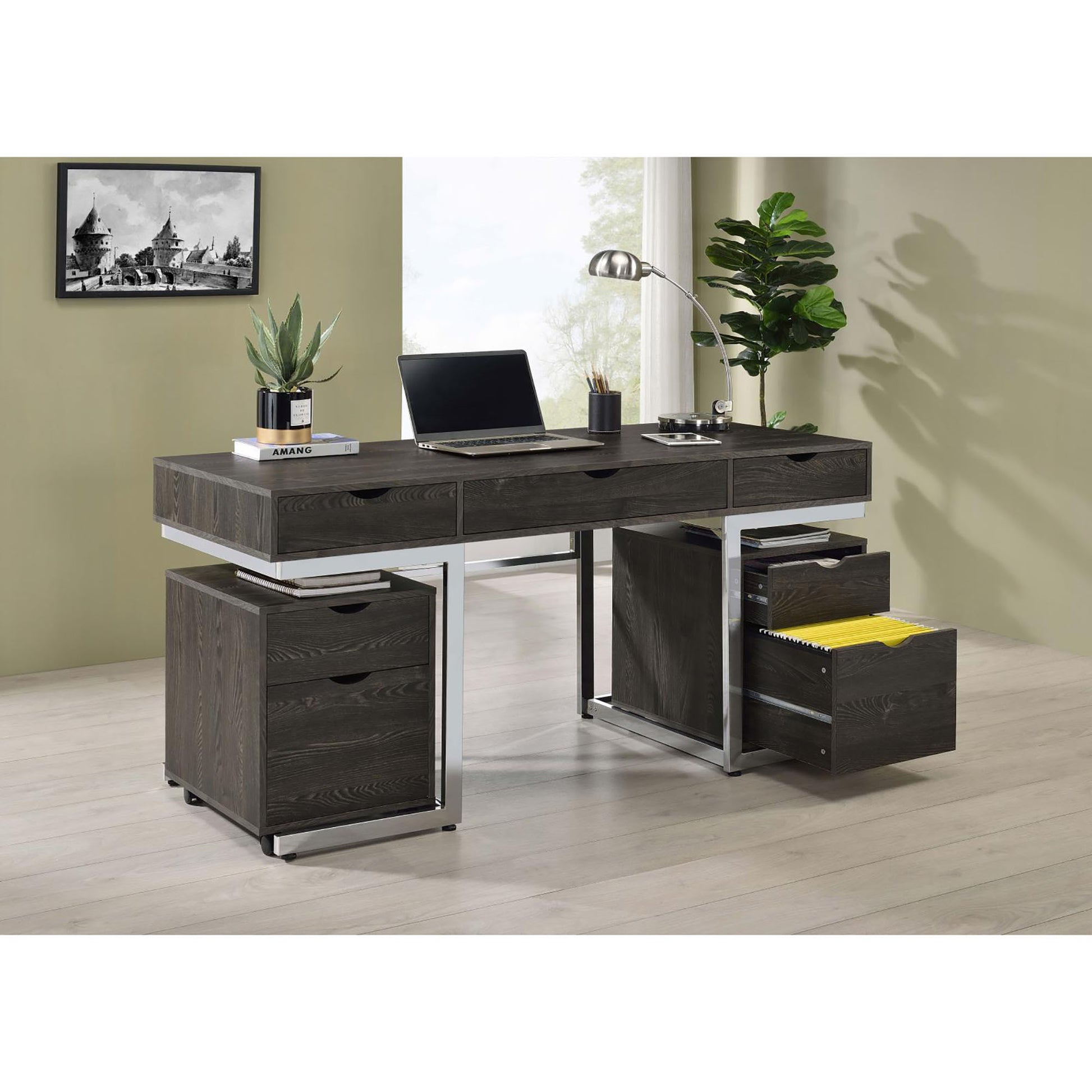 Dark Oak 3 Drawer Writing Desk Brown Writting Desk Office Contemporary,Modern Drawers Desk Wood