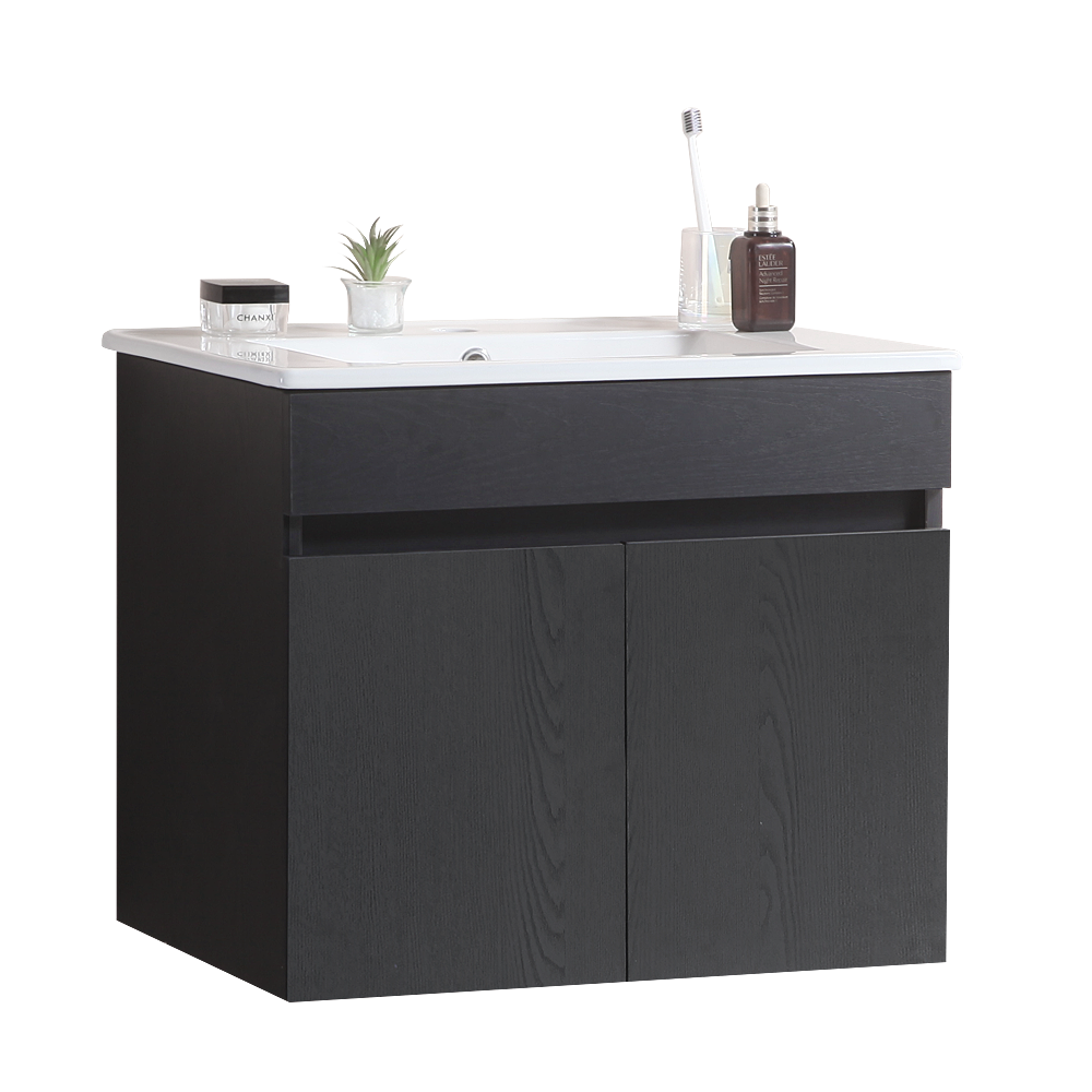 24 Inch Wall Mounted Bathroom Vanity With White Ceramic Basin,Two Soft Close Cabinet Doors, Solid Wood,Excluding Faucets,Black Black Solid Wood