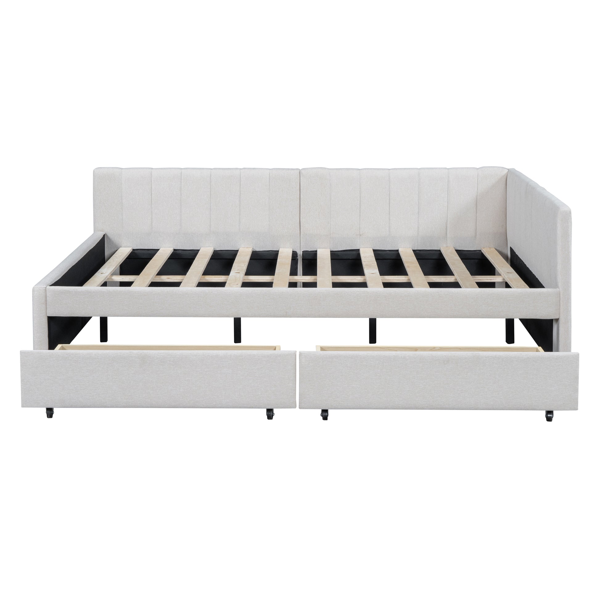 Full Size Upholstered Daybed With 2 Storage Drawers Sofa Bed Frame No Box Spring Needed, Linen Fabric Beige Beige Linen