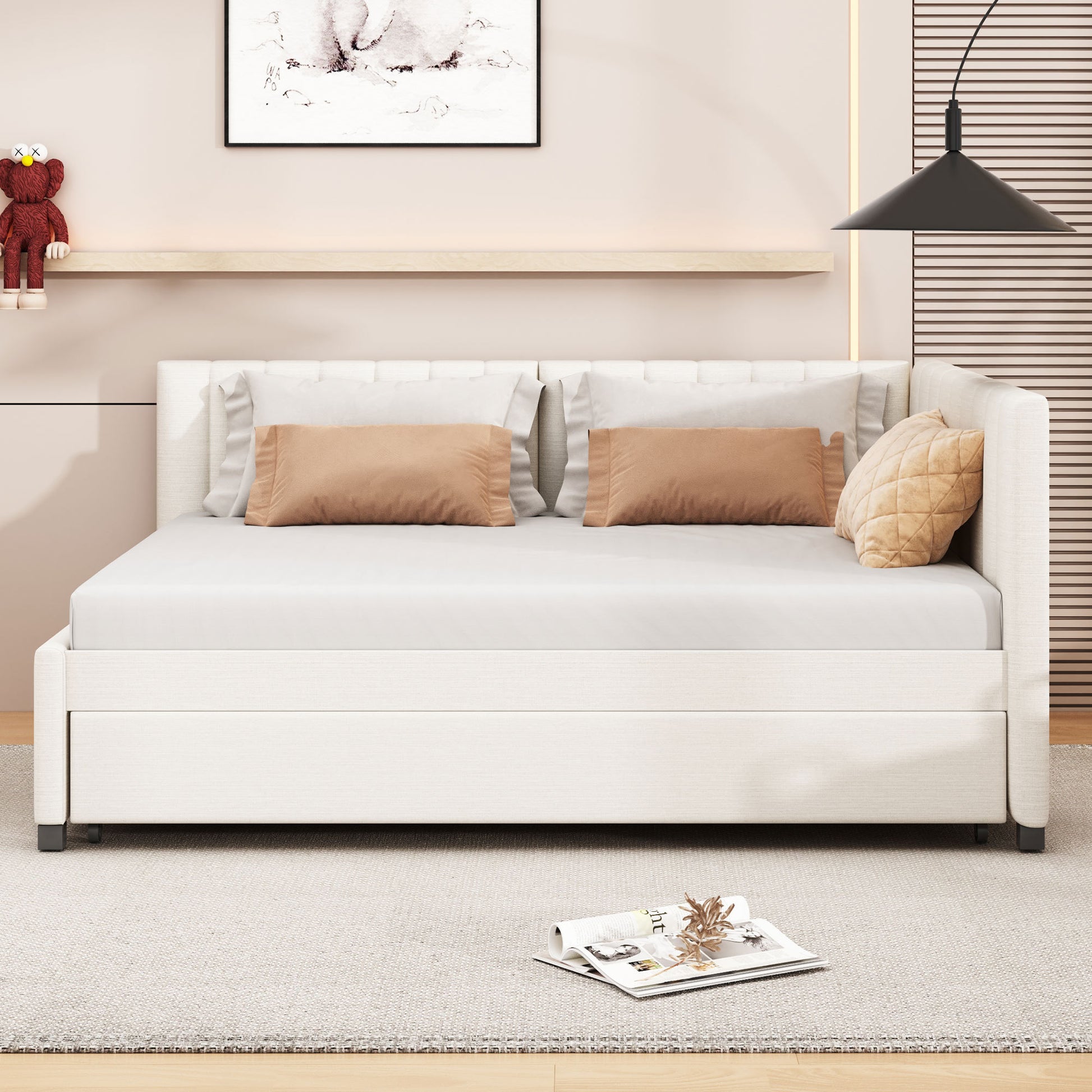 Full Size Upholstered Daybed With Trundle Sofa Bed Frame No Box Spring Needed, Linen Fabric Beige Beige Linen