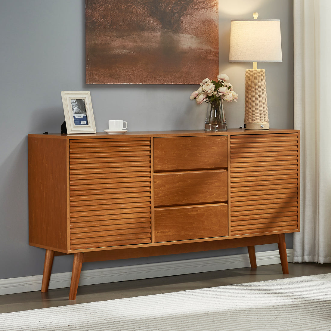 Modern Wood Tv Stand, Entertainment Center For Tvs Up To 65", Sideboard Buffet Cabinet Credenza, Slatted Media Console For Living Room, Wooden Furniture For Living Room & Bedroom Honey 50 59 Inches 60 Inches Solid Wood Mdf