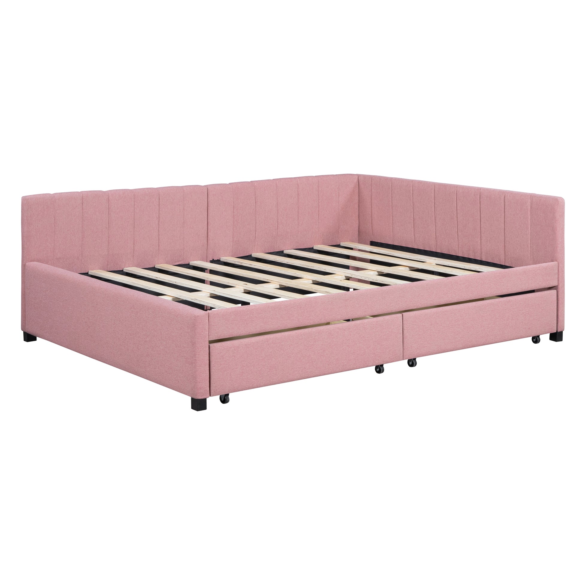 Full Size Upholstered Daybed With 2 Storage Drawers Sofa Bed Frame No Box Spring Needed, Linen Fabric Pink Full Pink Linen
