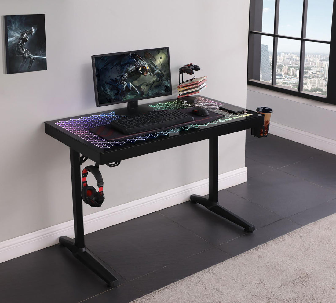 Black Gaming Desk with LED Lighting black-keyboard tray-gaming