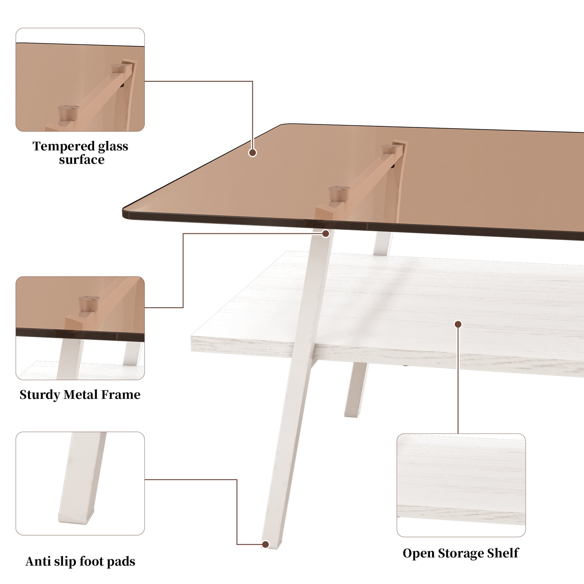 Coffee Table And End Tables Set Of 3, Tempered Glass Table With Mdf Layer, Modern Tables For Living Roombrown Glass Brown Tempered Glass