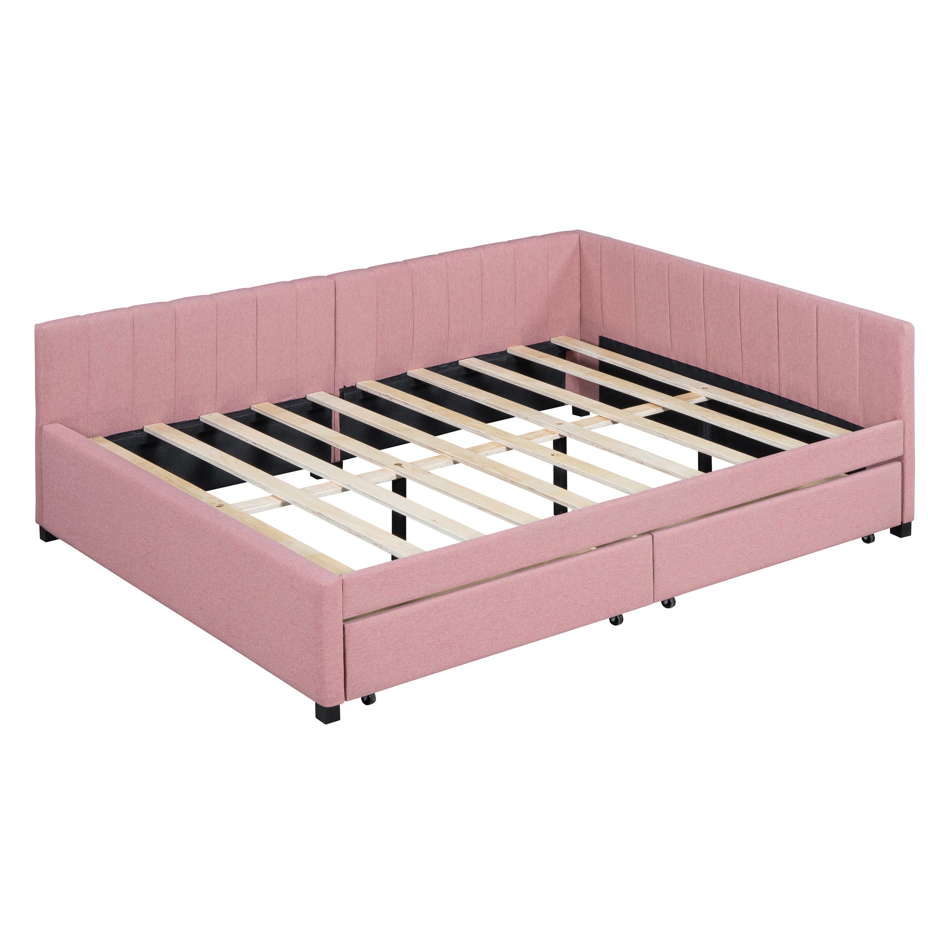 Full Size Upholstered Daybed With 2 Storage Drawers Sofa Bed Frame No Box Spring Needed, Linen Fabric Pink Full Pink Linen