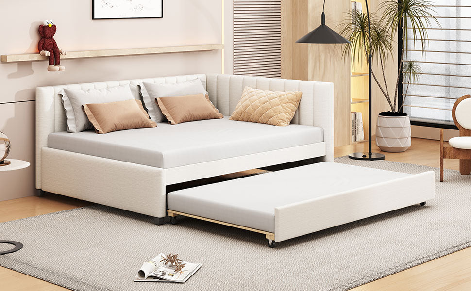 Full Size Upholstered Daybed With Trundle Sofa Bed Frame No Box Spring Needed, Linen Fabric Beige Beige Linen