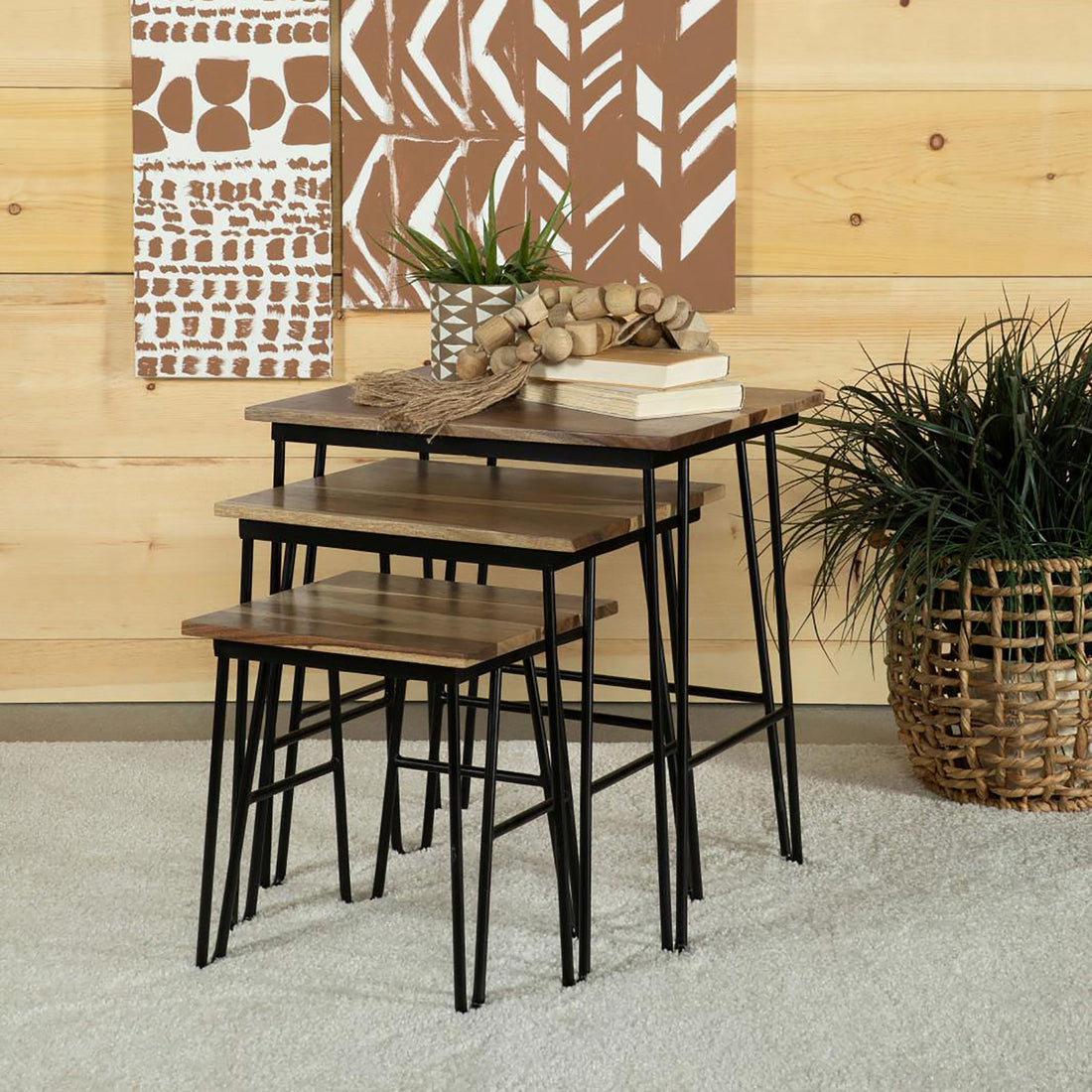 Natural And Black 3 Piece Nesting Table With Hairpin Legs Brown Primary Living Space Industrial Sheesham Rectangular Coffee & End Tables Wood Hairpin