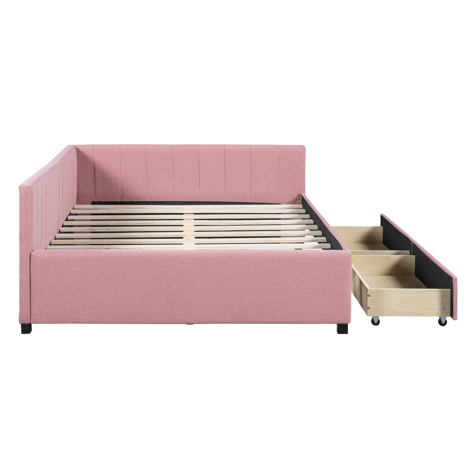 Full Size Upholstered Daybed With 2 Storage Drawers Sofa Bed Frame No Box Spring Needed, Linen Fabric Pink Full Pink Linen