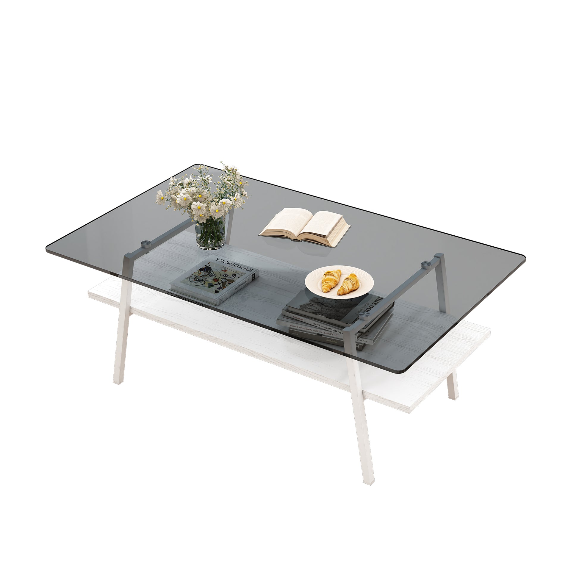Rectangle Coffee Table, Tempered Glass Tabletop With White Metal Legs, Modern Table For Living Roomgray Glass Gray Tempered Glass