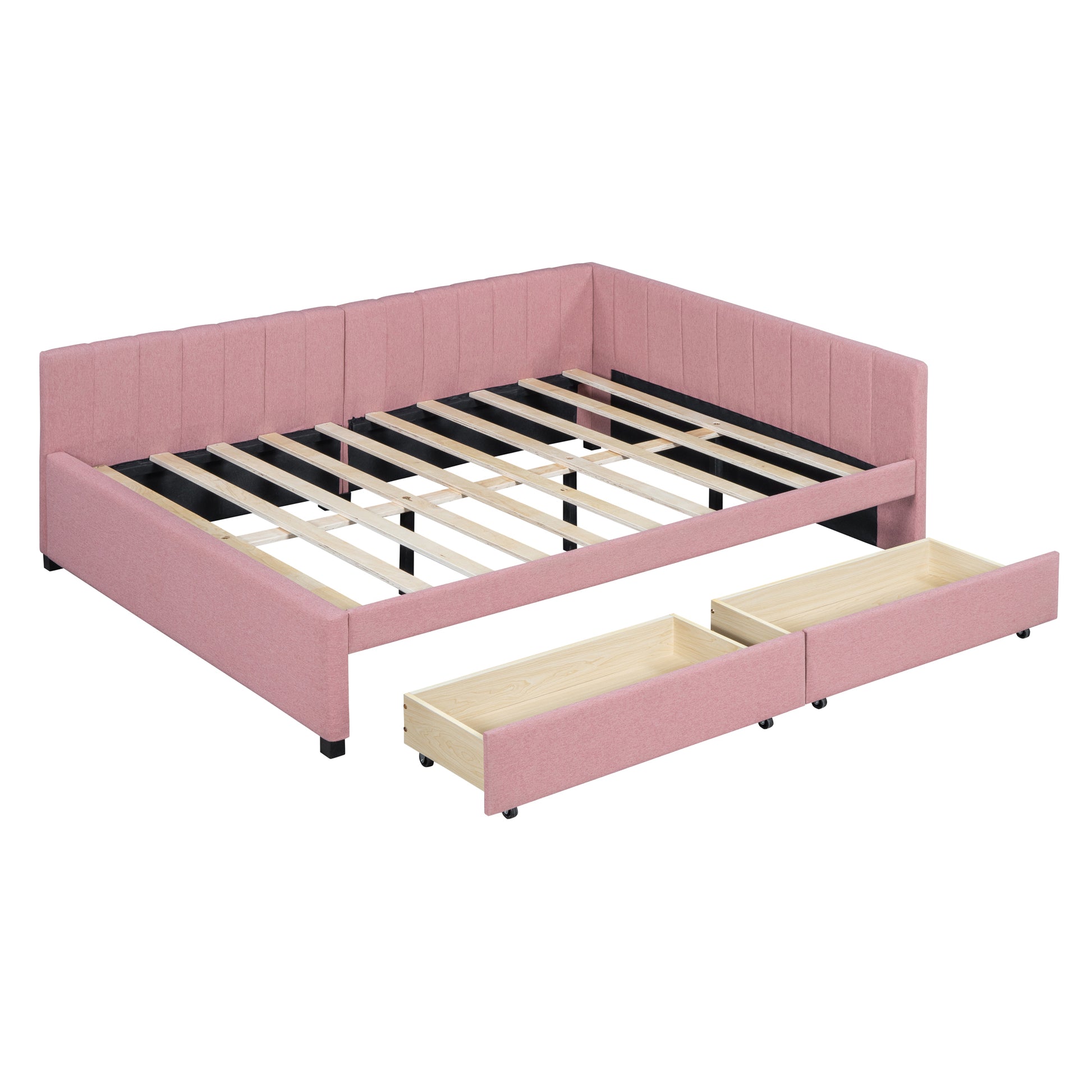 Full Size Upholstered Daybed With 2 Storage Drawers Sofa Bed Frame No Box Spring Needed, Linen Fabric Pink Full Pink Linen