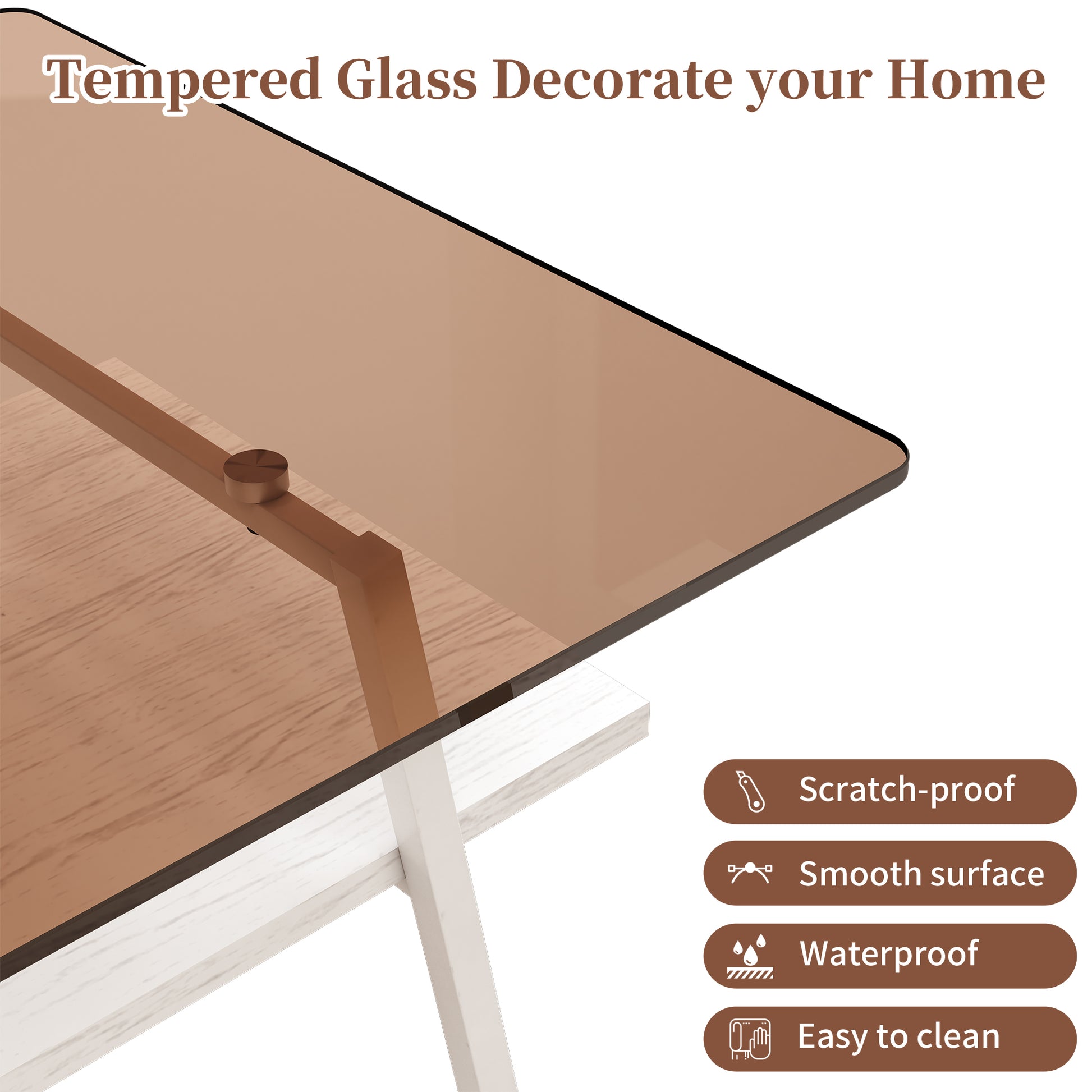 Rectangle Coffee Table, Tempered Glass Tabletop With White Metal Legs, Modern Table For Living Roombrown Glass Brown Tempered Glass