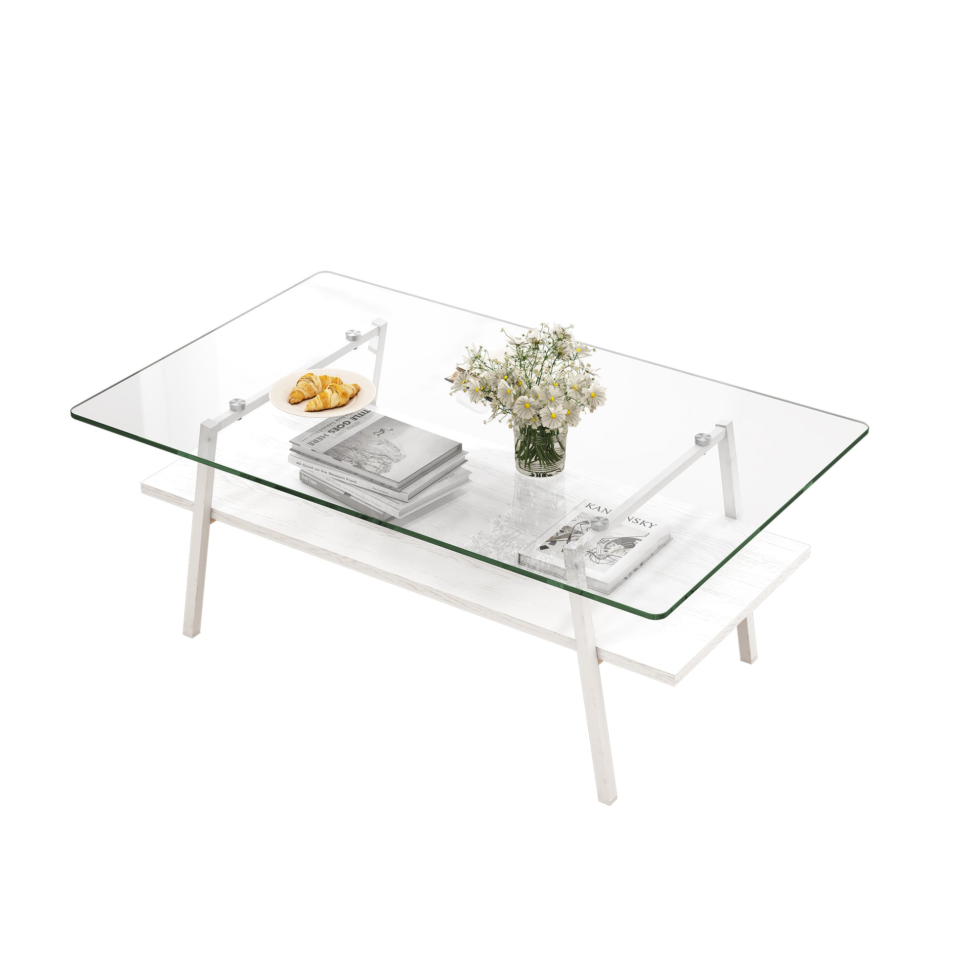 Rectangle Coffee Table, Tempered Glass Tabletop With White Metal Legs, Modern Table For Living Roomtransparent Glass Transparent Tempered Glass