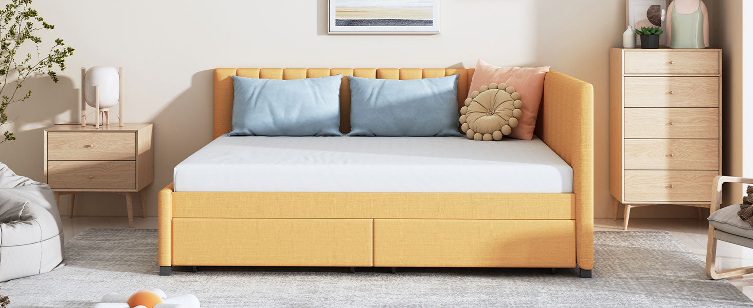 Full Size Upholstered Daybed With 2 Storage Drawers Sofa Bed Frame No Box Spring Needed, Linen Fabric Yellow Yellow Linen