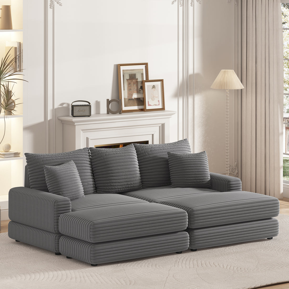86.6 Inch Corduroy 3 Seater Sofa With 3 Back Pillows2 Toss Pillows And Two Ottoman ,Comfy Sofa Deep Seat Couch For Living Room Grey Corduroy