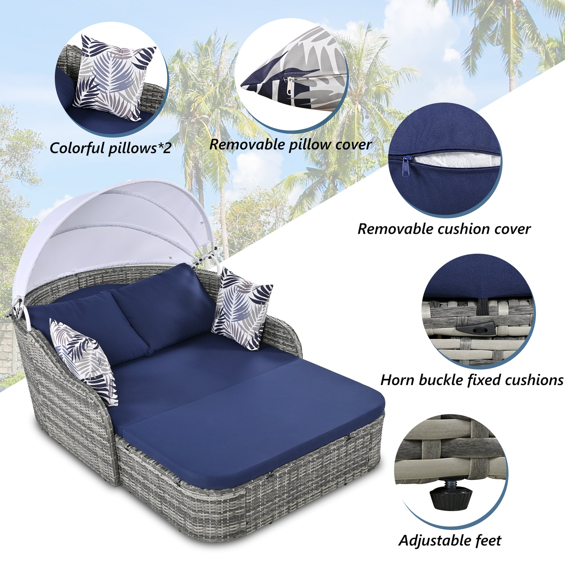 79.9" Outdoor Sunbed With Adjustable Canopy, Daybed With Pillows, Double Lounge, Pe Rattan Daybed, Gray Wicker And Blue Cushion Yes Blue Grey Garden & Outdoor Wicker