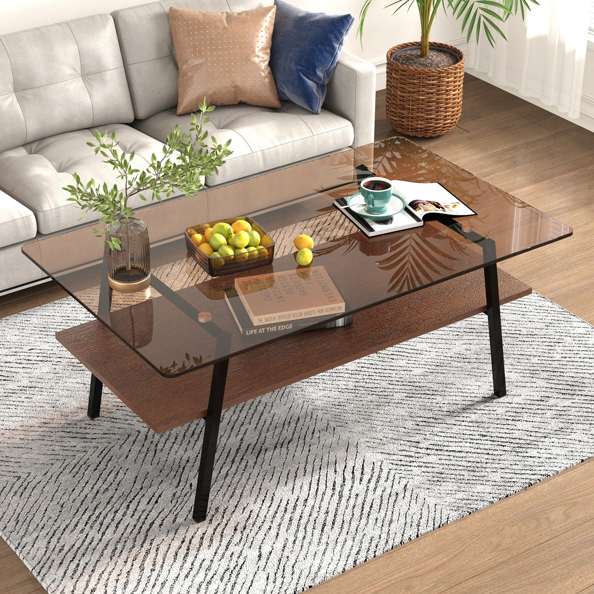 Rectangle Coffee Table, Tempered Glass Tabletop With Black Metal Legs, Modern Table For Living Roombrown Glass Brown Tempered Glass