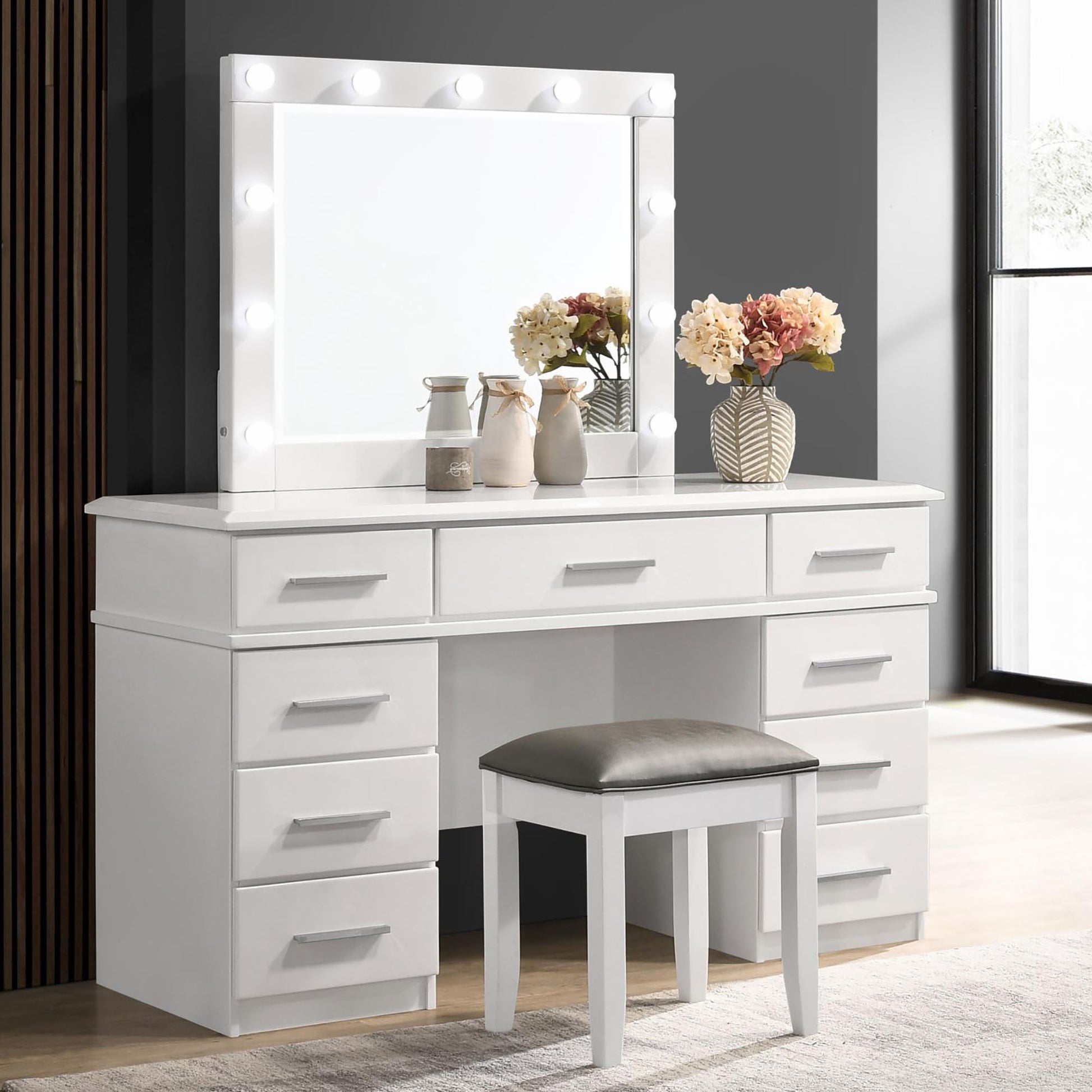 Glossy White Vanity Stool With Padded Seat White Bar Stools & Counter Stools Bedroom Rectangular Contemporary,Modern Armless Rubberwood Wood