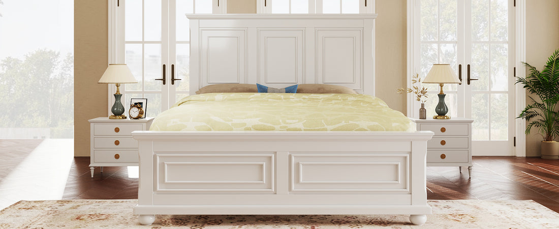 Traditional Town And Country Style Pinewood Vintage Queen Bed, White Queen White Pine