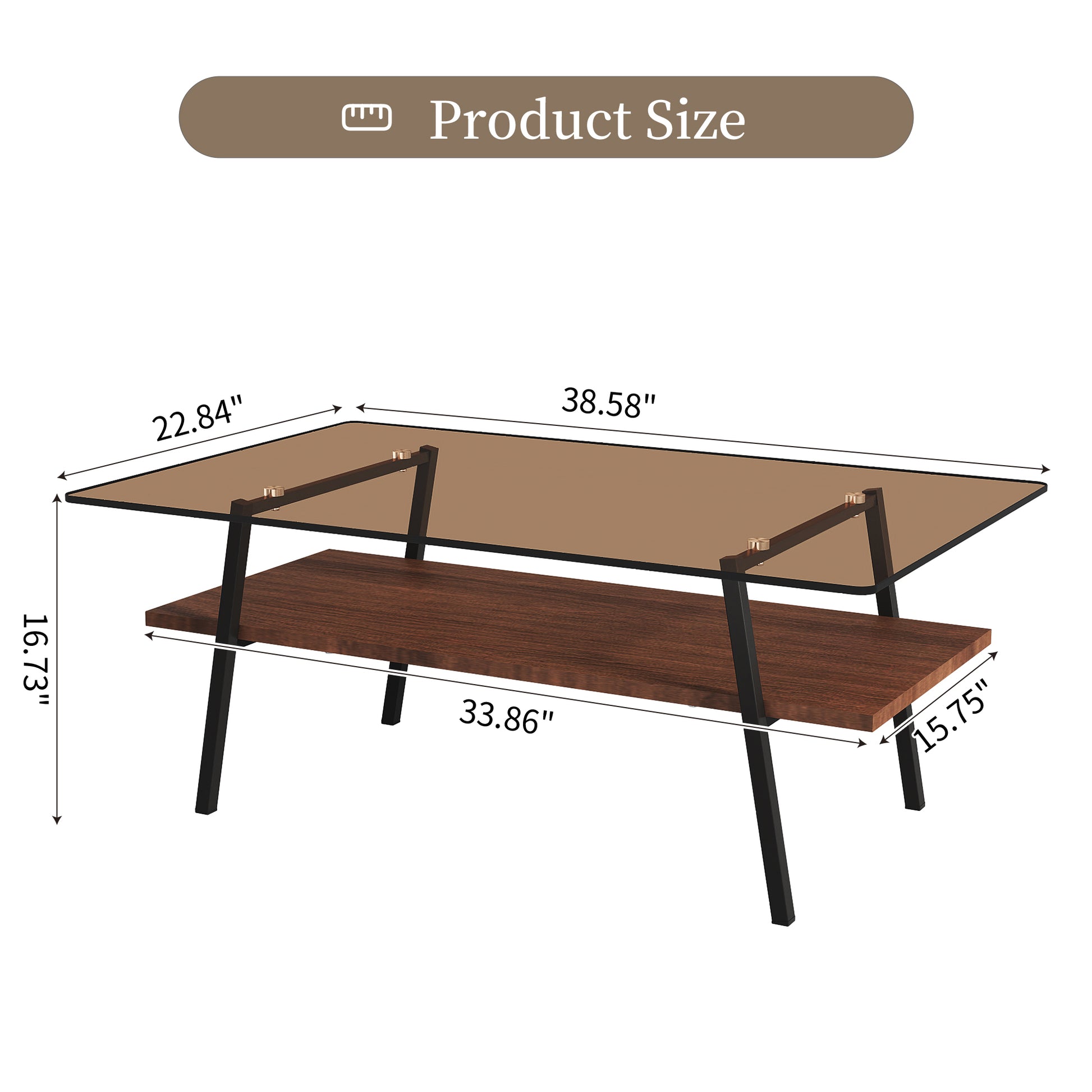 Rectangle Coffee Table, Tempered Glass Tabletop With Black Metal Legs, Modern Table For Living Roombrown Glass Brown Tempered Glass