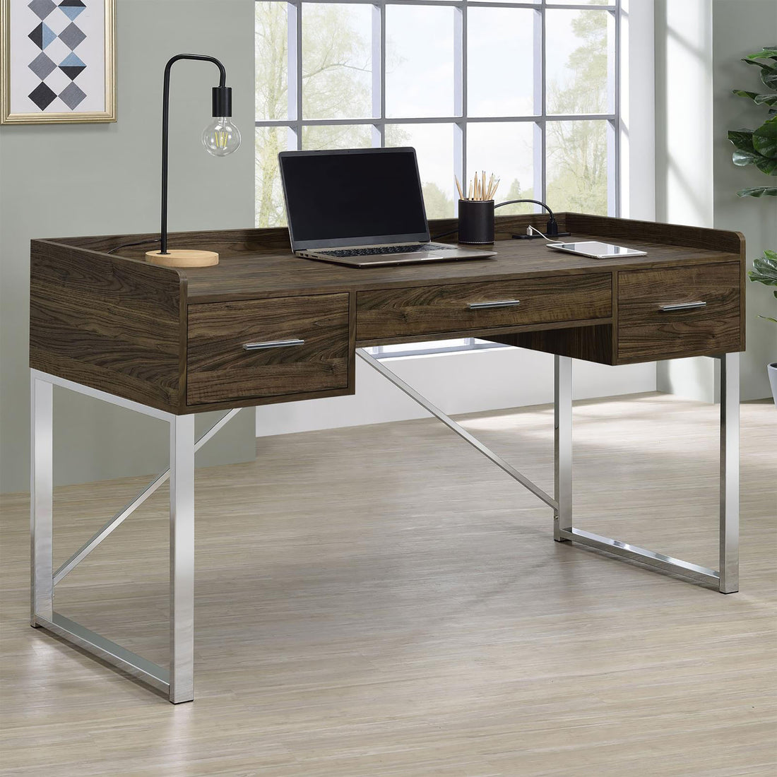 Walnut and Chrome 3 Drawer Writing Desk