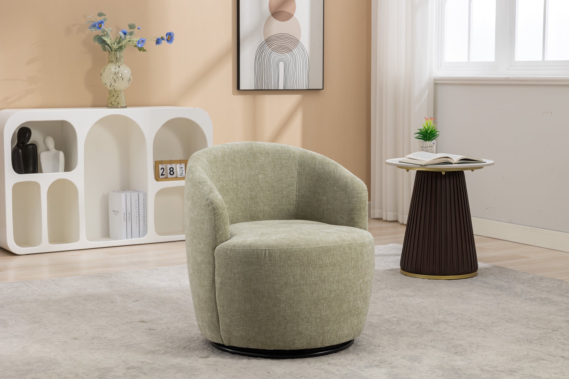 037 Chenille Fabric Swivel Accent Armchair Barrel Chair With Black Powder Coating Metal Ring,Light Green Light Green Primary Living Space Modern Eucalyptus Foam Chenille