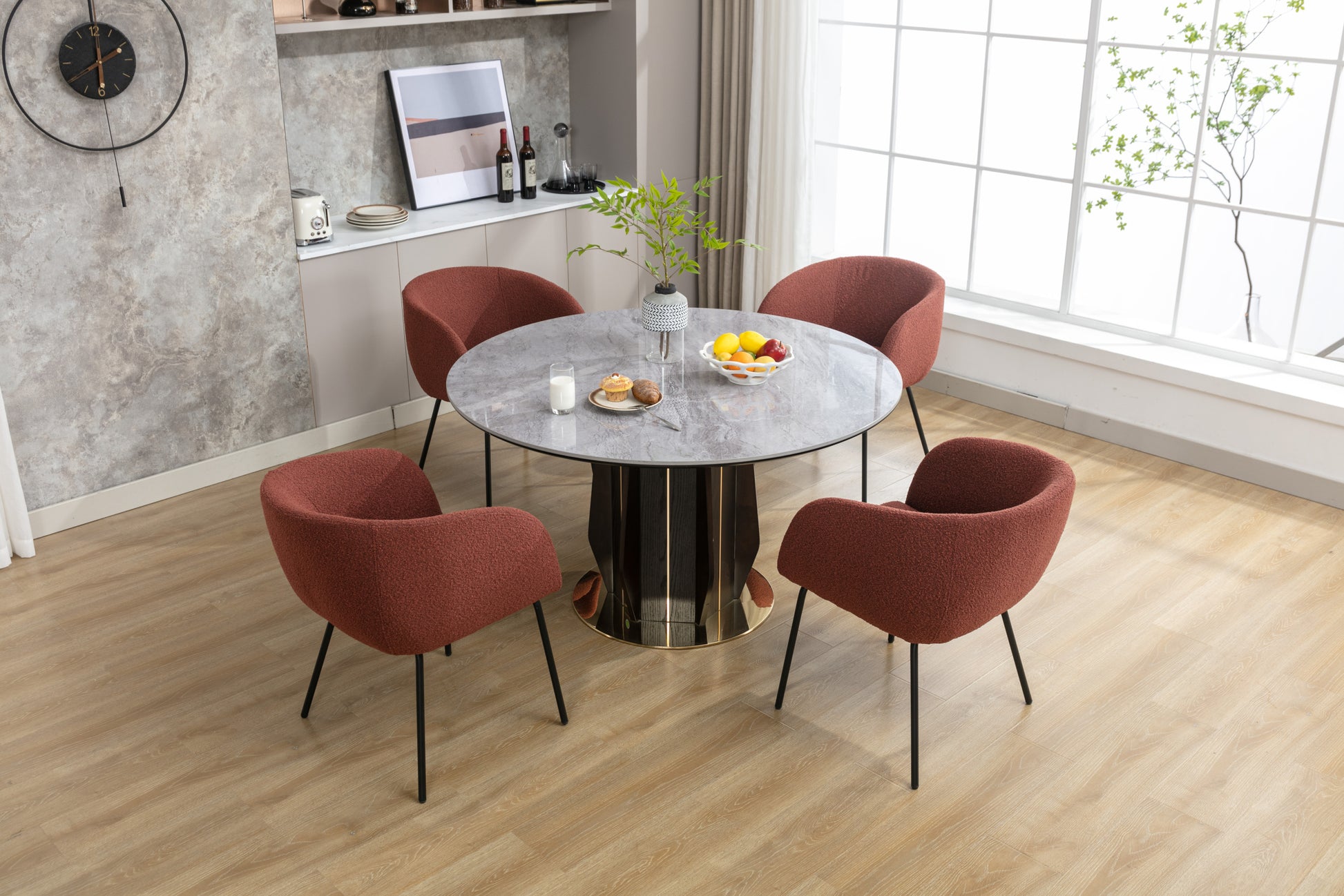 040 Set Of Boucle Fabric Dining Chairs With Black Metal Legs,Wine Re