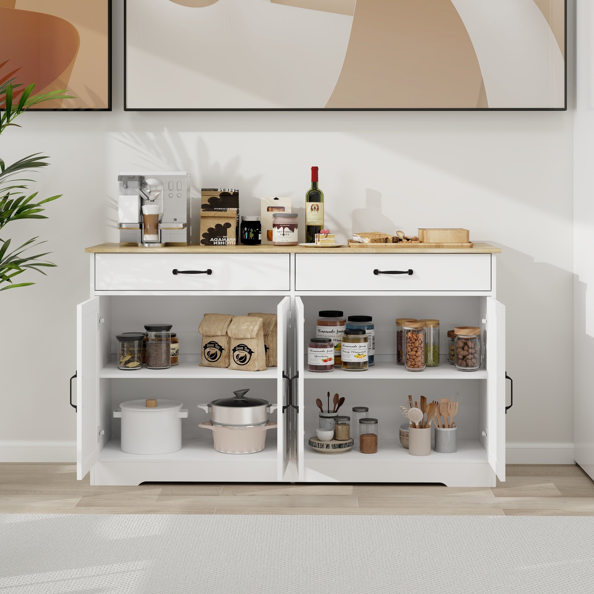 55.91" Large Farmhouse Buffet Cabinet Storage Sideboard With 2 Drawers And 4 Doors For Dining Living Room Kitchen Cupboard White White Mdf