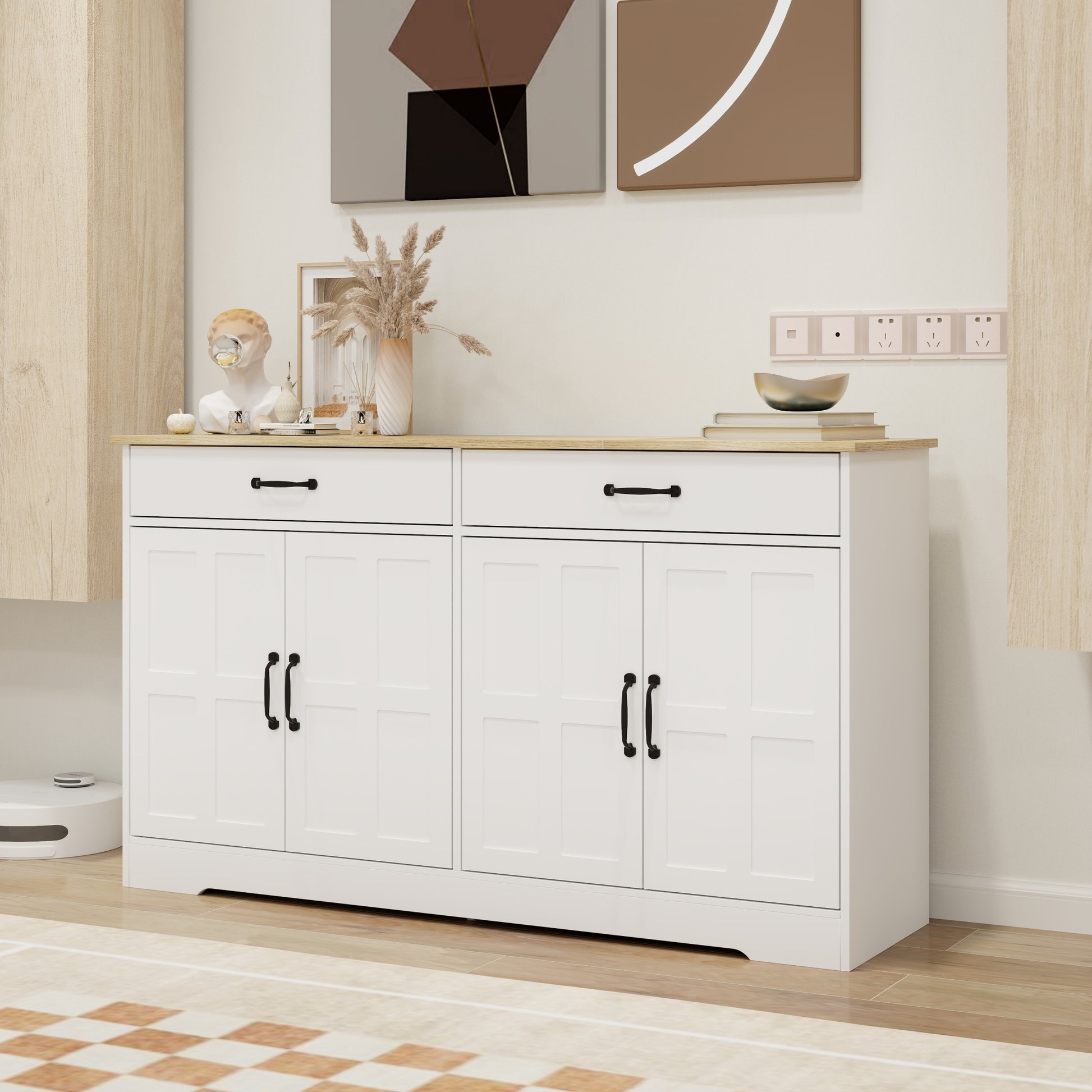 55.91" Large Farmhouse Buffet Cabinet Storage Sideboard With 2 Drawers And 4 Doors For Dining Living Room Kitchen Cupboard White White Mdf