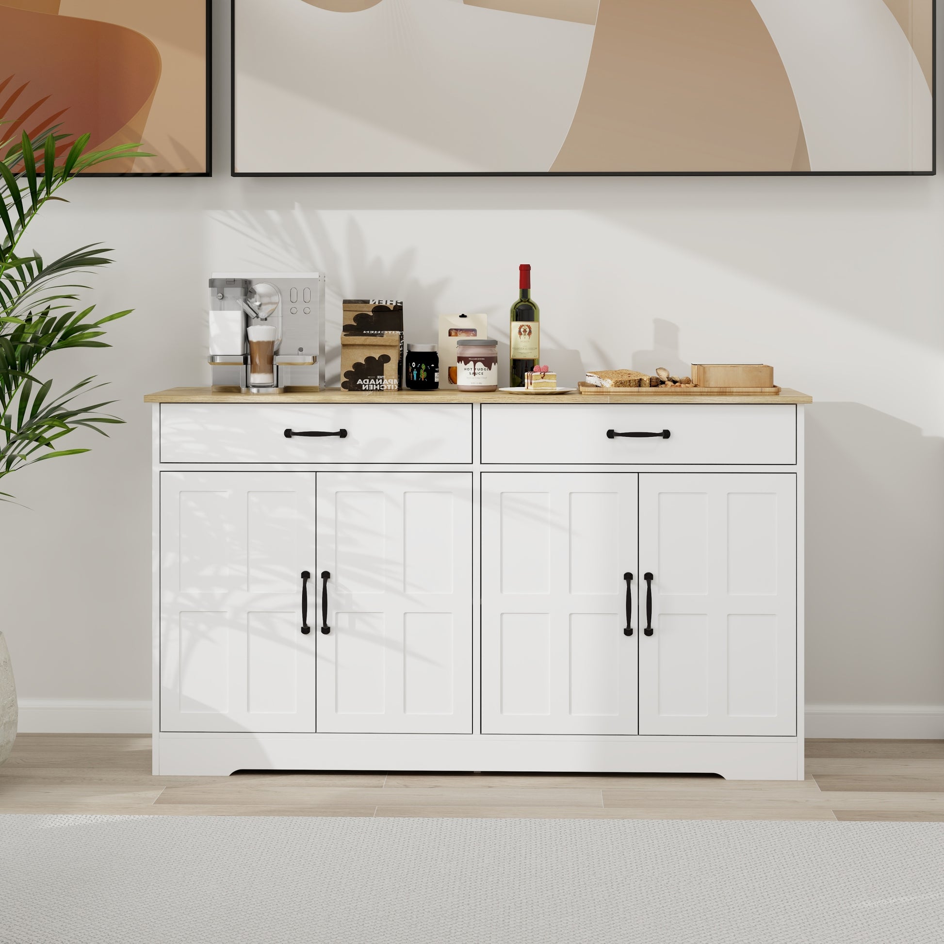 55.91" Large Farmhouse Buffet Cabinet Storage Sideboard With 2 Drawers And 4 Doors For Dining Living Room Kitchen Cupboard White White Mdf