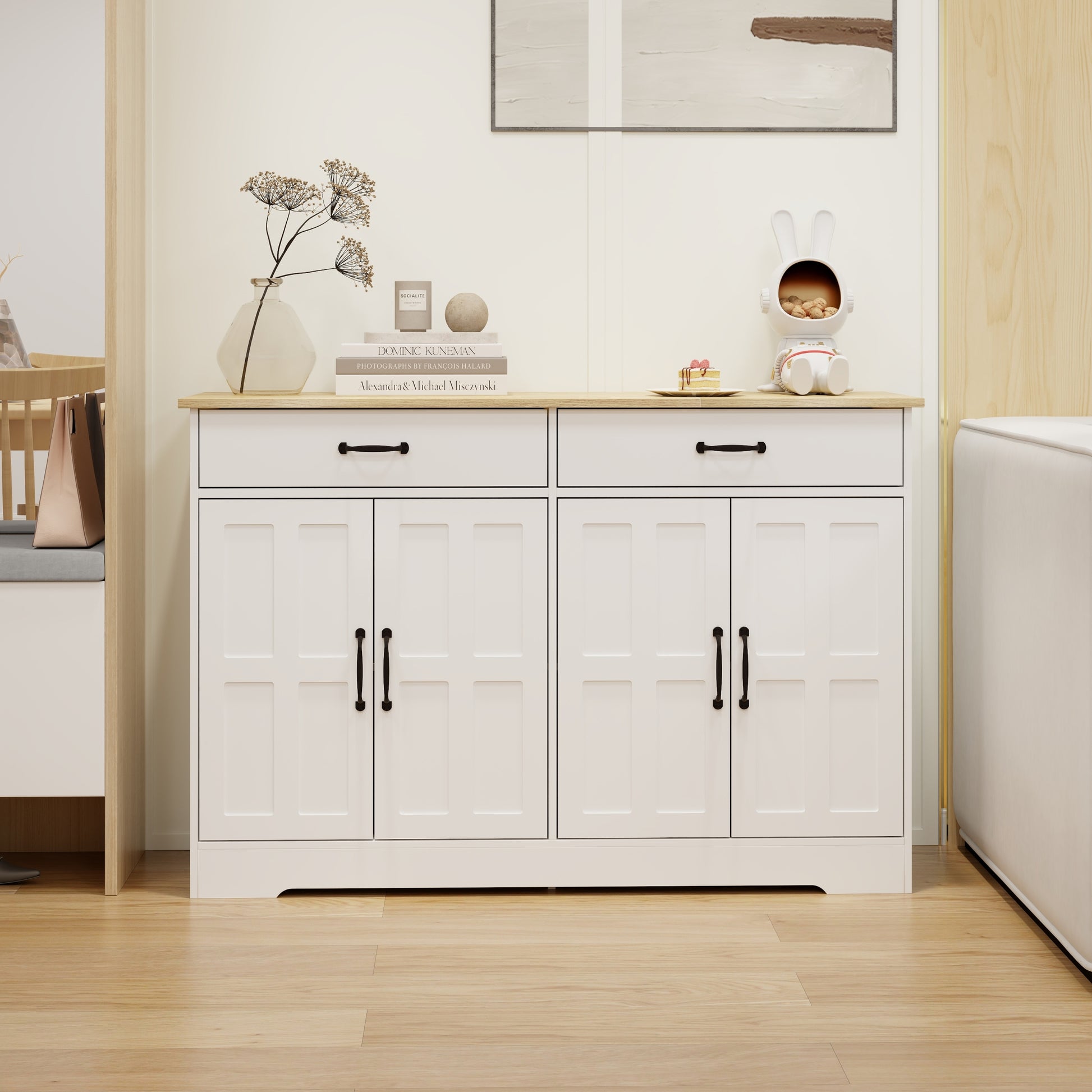 47.95" Farmhouse Buffet Cabinet Storage Sideboard With 2 Drawers And 4 Doors For Dining Living Room Kitchen Cupboard White White Mdf