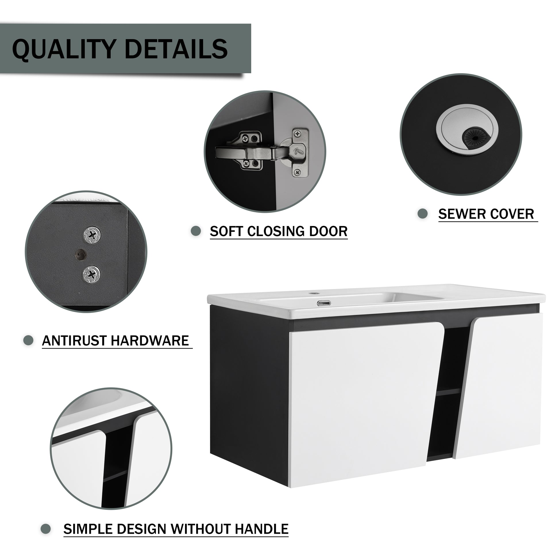 40'' Floating Wall Mounted Bathroom Vanity With Ceramics Sink & Soft Close Cabinet Door White Black Soft Close Doors Bathroom Wall Mounted Modern Plywood Plywood