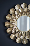 Round Gold Metal Mirror With Trumpet Vine Motif, 37X3