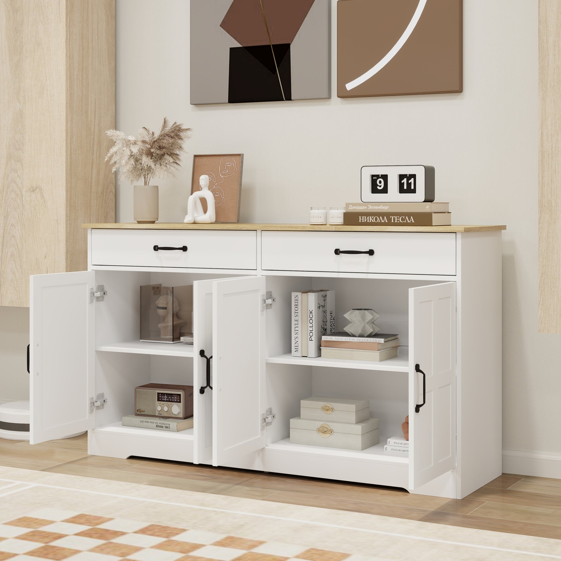 55.91" Large Farmhouse Buffet Cabinet Storage Sideboard With 2 Drawers And 4 Doors For Dining Living Room Kitchen Cupboard White White Mdf