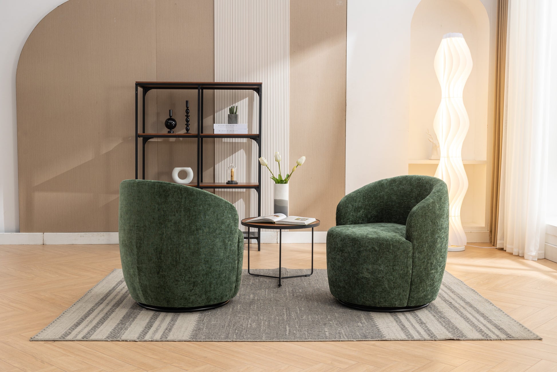 037 Chenille Fabric Swivel Accent Armchair Barrel Chair With Black Powder Coating Metal Ring,Green Green Primary Living Space Modern Eucalyptus Foam Chenille