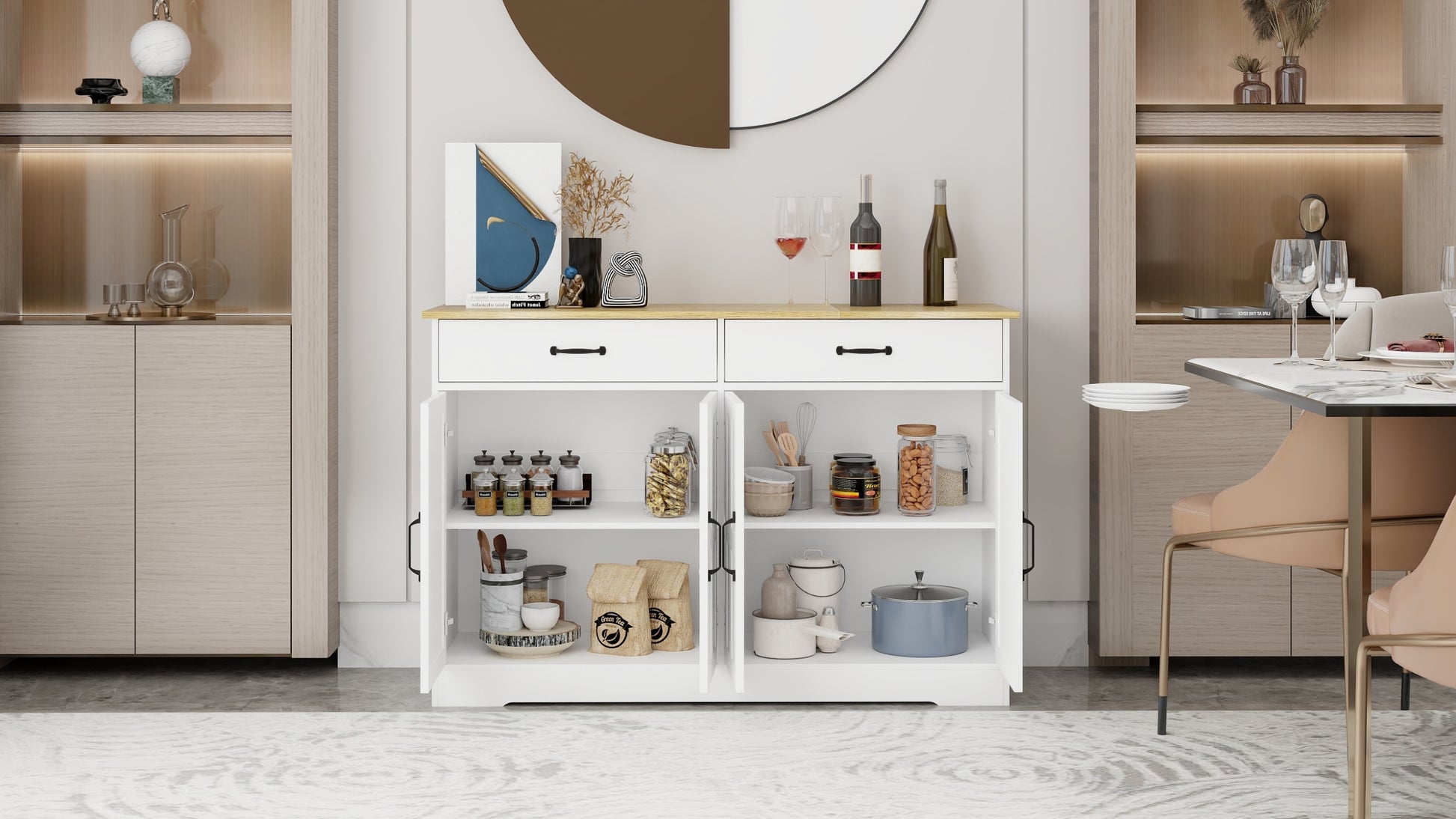 47.95" Farmhouse Buffet Cabinet Storage Sideboard With 2 Drawers And 4 Doors For Dining Living Room Kitchen Cupboard White White Mdf