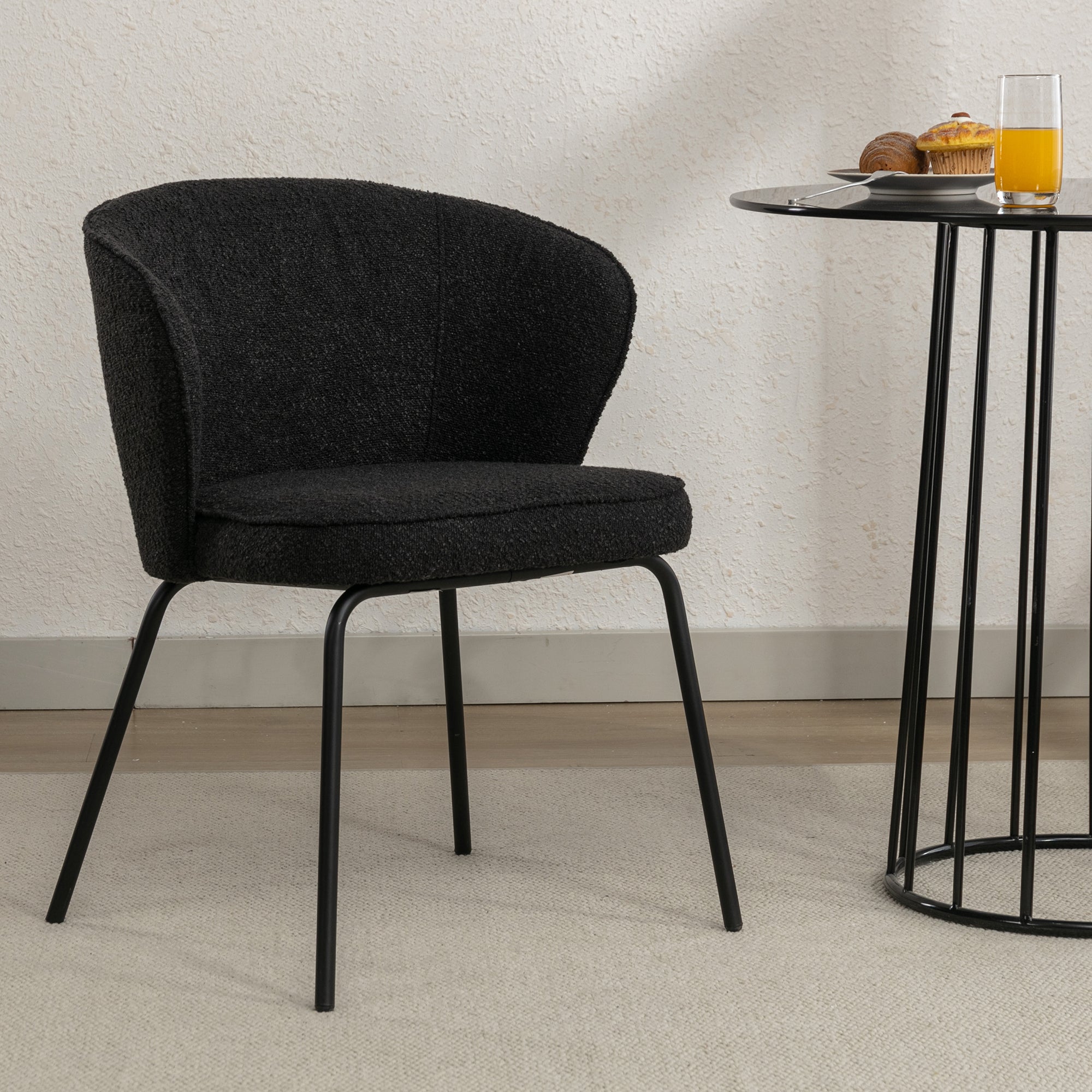 041 Set of 1 Boucle Fabric Dining Chair With Black wood-black-dining room-foam-wipe