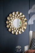 Round Gold Metal Mirror With Trumpet Vine Motif, 37X3