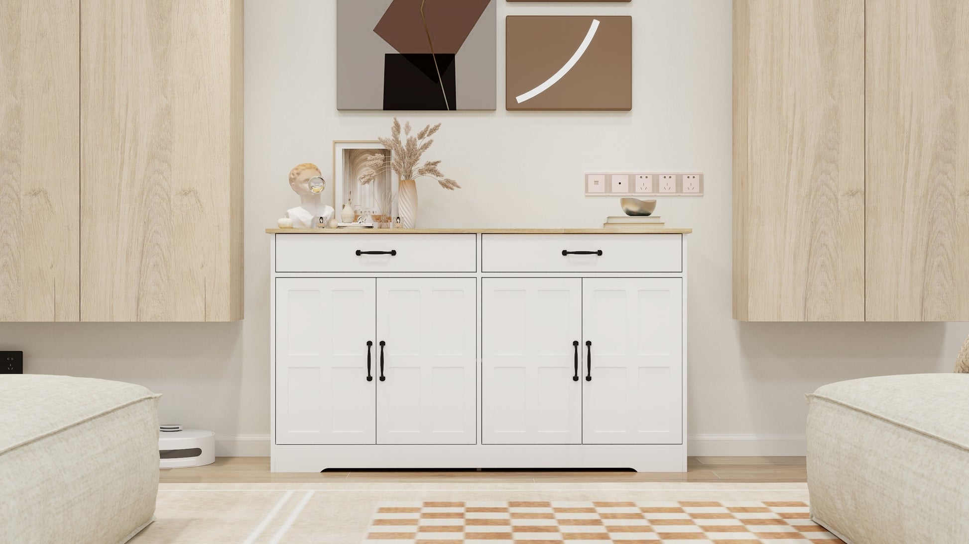 55.91" Large Farmhouse Buffet Cabinet Storage Sideboard With 2 Drawers And 4 Doors For Dining Living Room Kitchen Cupboard White White Mdf