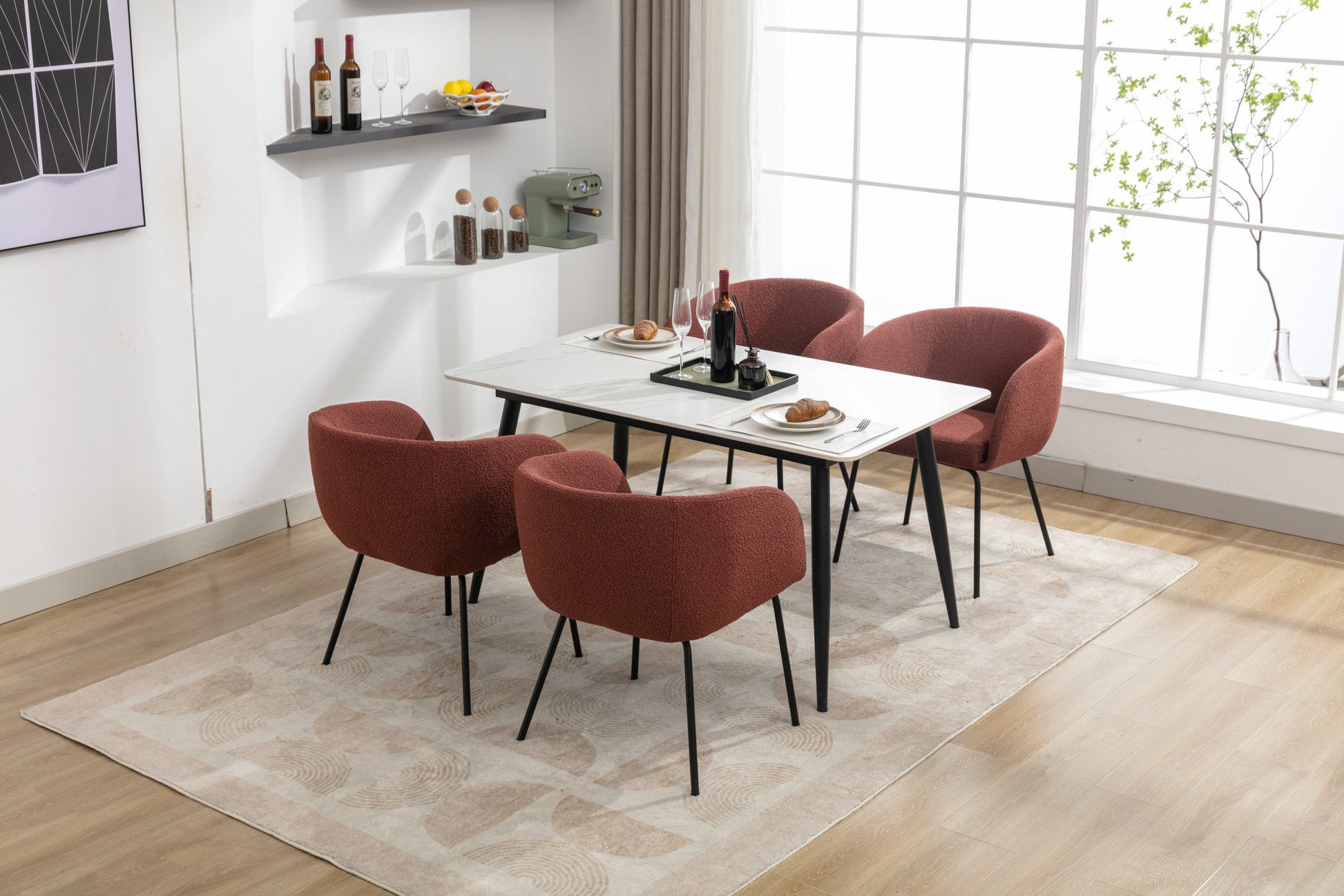 040 Set Of 2 Boucle Fabric Dining Chairs With Black Metal Legs,Wine Red Wood Wine Red Dining Room Foam Wipe Clean Modern Dining Chairs Wing Back Foam Boucle