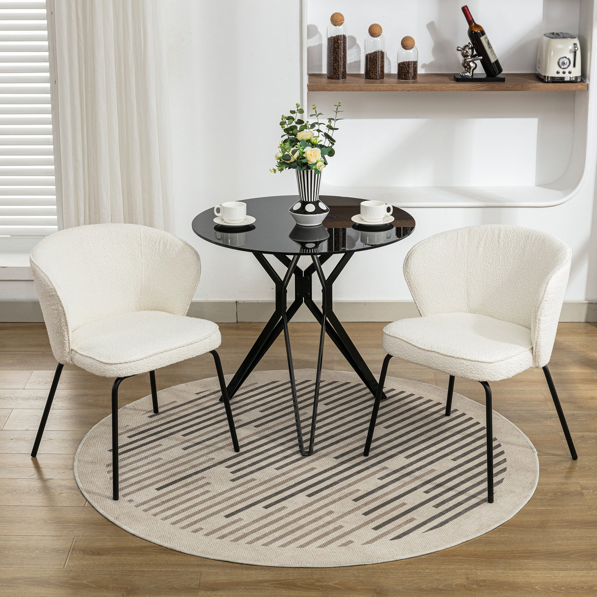 042 Set Of 2 Boucle Fabric Dining Chairs With Black Metal Legs,Ivory Wood Ivory Dining Room Foam Wipe Clean Modern Dining Chairs Wing Back Foam Boucle