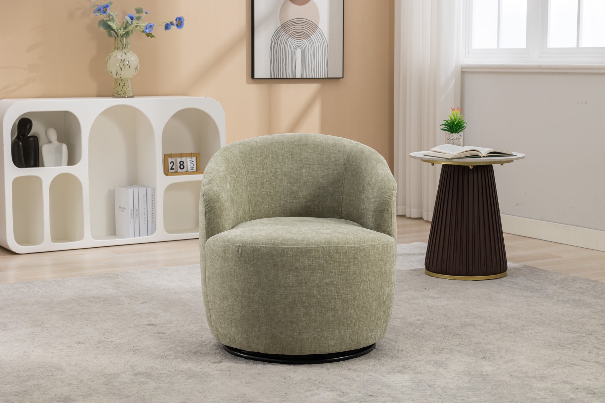 037 Chenille Fabric Swivel Accent Armchair Barrel Chair With Black Powder Coating Metal Ring,Light Green Light Green Primary Living Space Modern Eucalyptus Foam Chenille