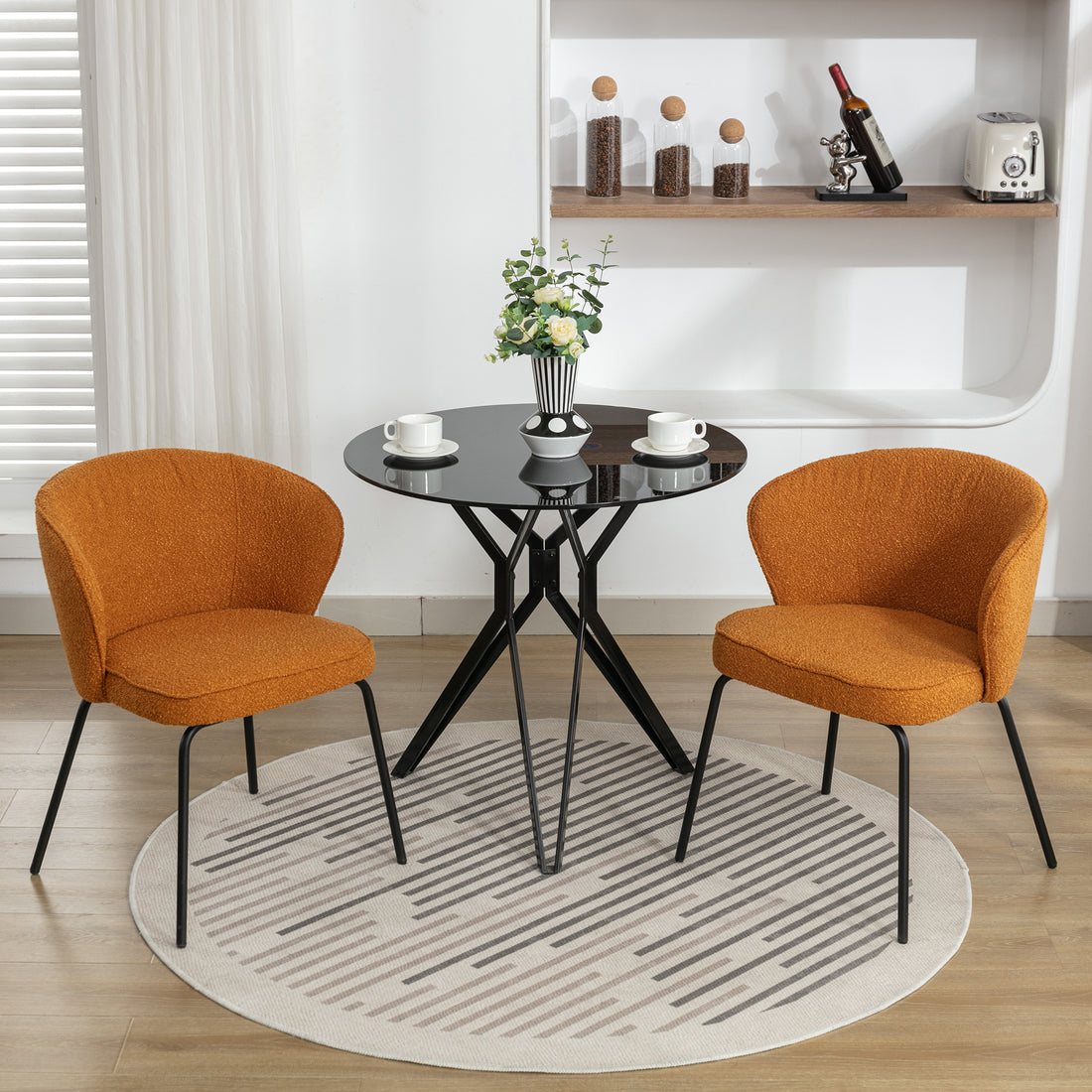 042 Set Of 2 Boucle Fabric Dining Chairs With Black Metal Legs,Ginger Wood Ginger Dining Room Foam Wipe Clean Modern Dining Chairs Wing Back Foam Boucle