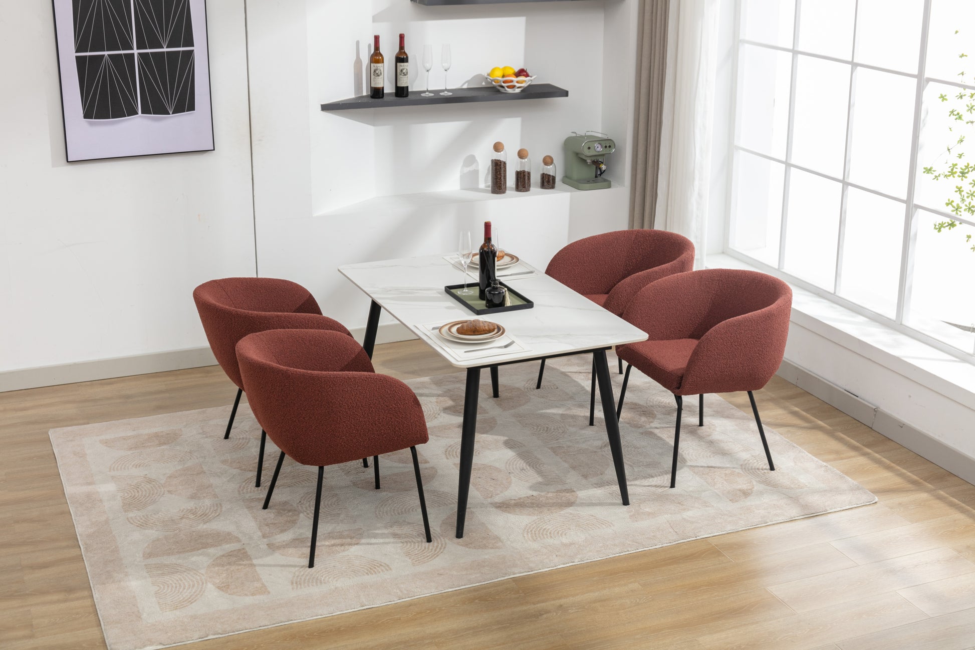 040 Set Of 2 Boucle Fabric Dining Chairs With Black Metal Legs,Wine Red Wood Wine Red Dining Room Foam Wipe Clean Modern Dining Chairs Wing Back Foam Boucle