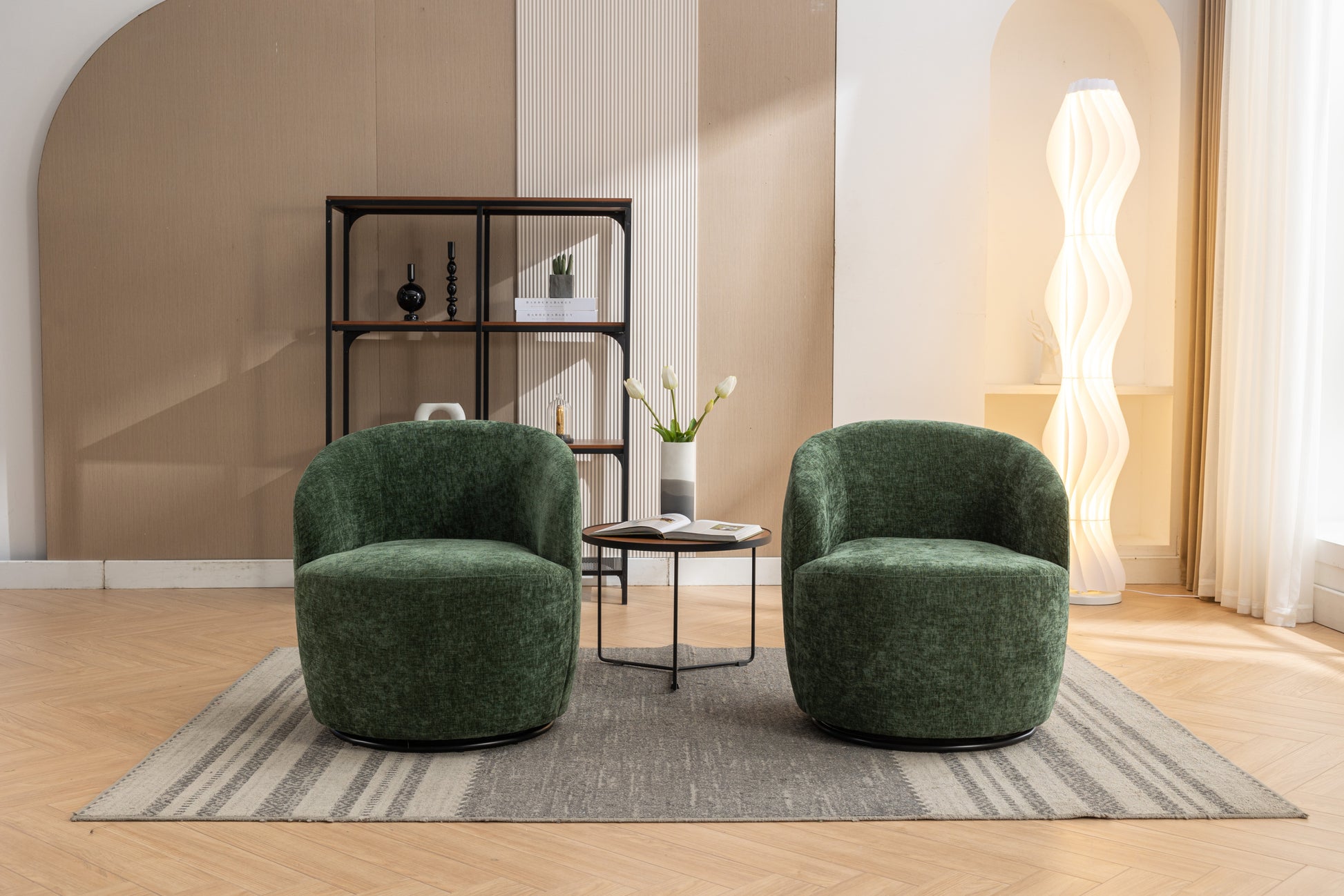 037 Chenille Fabric Swivel Accent Armchair Barrel Chair With Black Powder Coating Metal Ring,Green Green Primary Living Space Modern Eucalyptus Foam Chenille