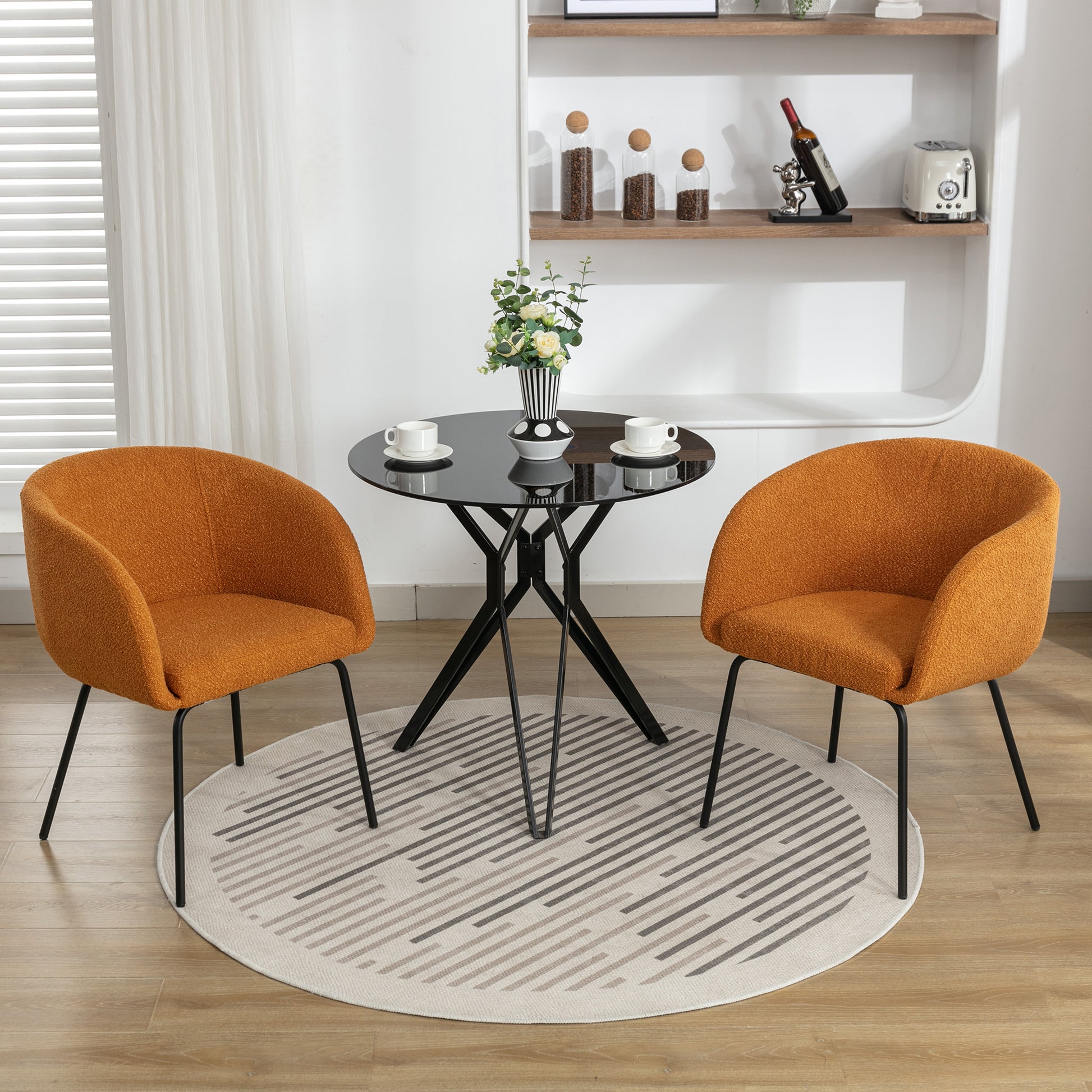 040 Boucle Fabric Dining Chair With Black Metal Legs Set Of 2,Ginger Wood Ginger Dining Room Foam Wipe Clean Modern Dining Chairs Wing Back Foam Boucle