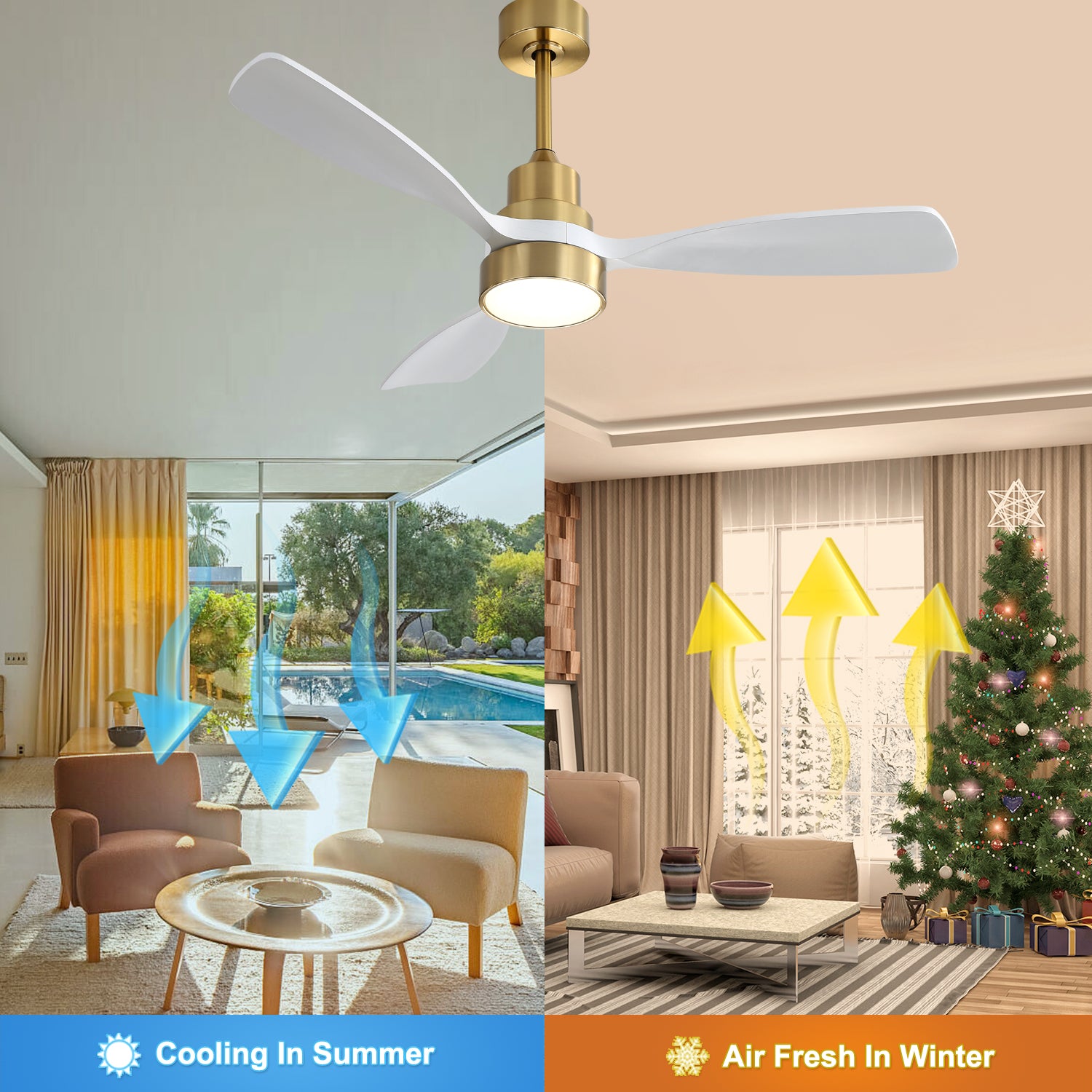 48 Inch Wood With 3 Solid Wood Blades Remote Control Reversible Dc Motor For Living Room Gold Metal & Wood