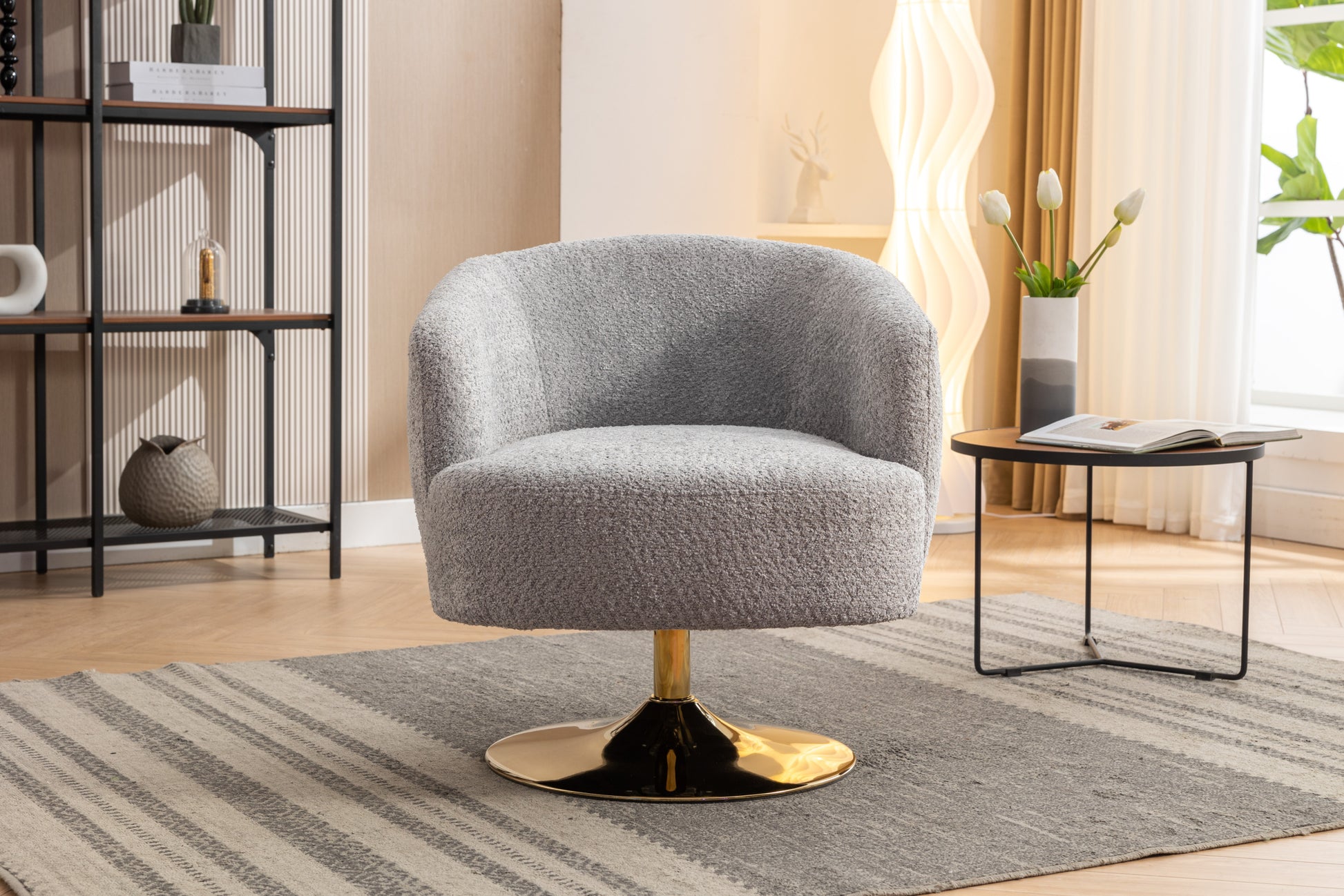 048 Chenille Fabric Accent Swivel Chair With Gold Metal Round Base,Light Gray Light Gray White Primary Living Space Modern Eucalyptus Foam Chenille