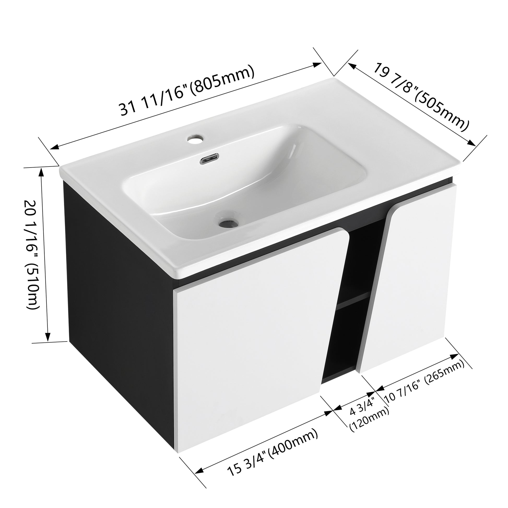 32' Floating Wall Mounted Bathroom Vanity With Single Sink,& Soft Close Cabinet Door White Black Soft Close Doors Bathroom Wall Mounted Modern Plywood Plywood