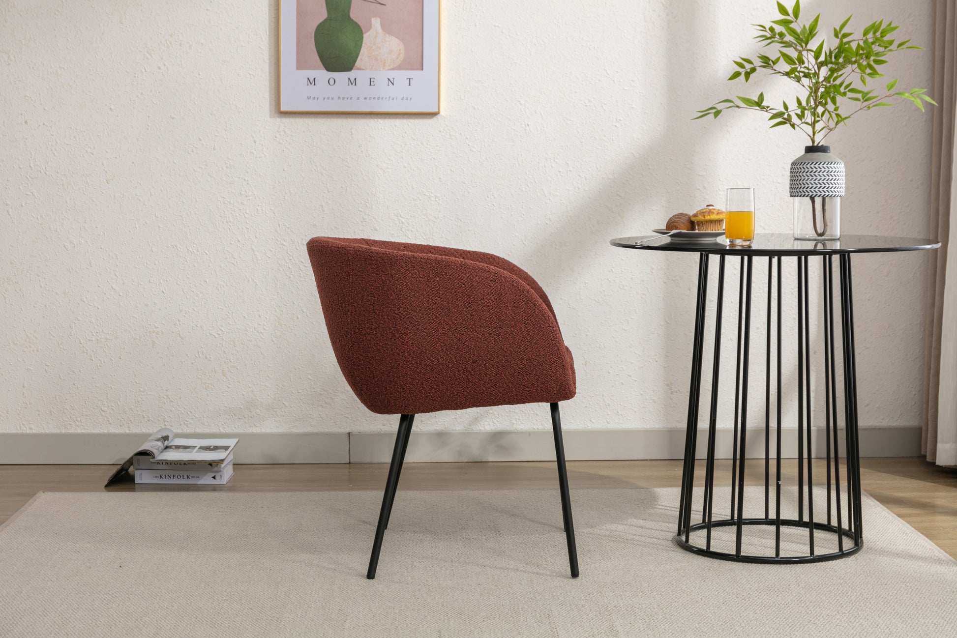 039 Set Of 1 Boucle Fabric Dining Chair With Black Metal Legs,Wine Red Wood Wine Red Dining Room Foam Wipe Clean Modern Dining Chairs Wing Back Foam Boucle